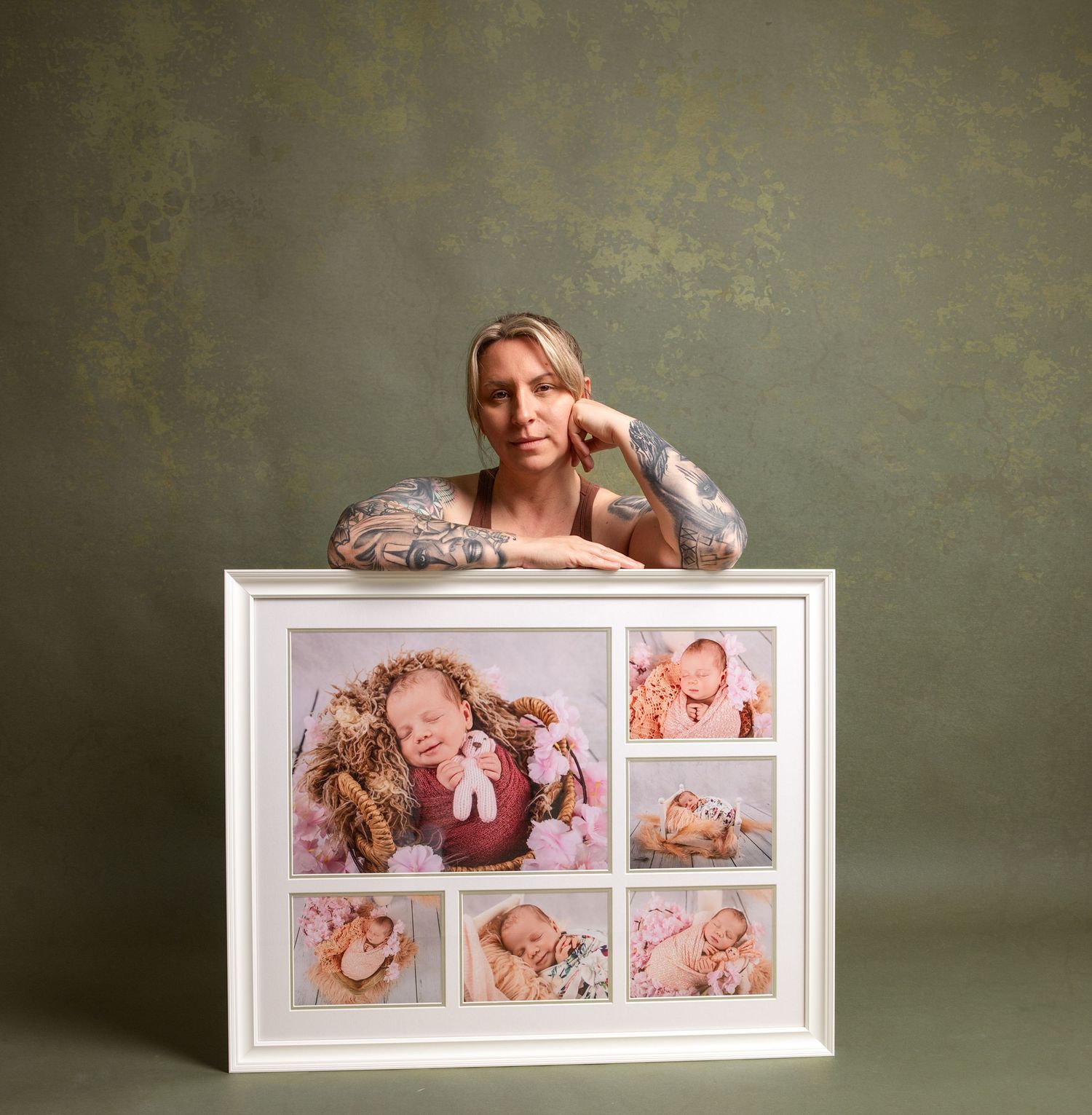 A series of white framed wall art pieces displayed on a textured green background, showing a progression of layouts.