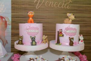 Collection of pink birthday cakes decorated with teddy bear figures.