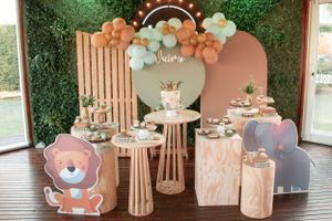 Baby shower party setup with pastel decorations and woodland animal theme.