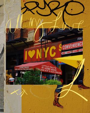 Urban storefront in NYC with I Love NYC sign and red awning for an Italian convenience store against a yellow-framed backdrop.