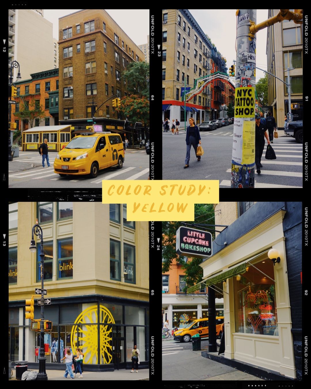 A collage of four urban NYC street scenes featuring yellow elements including taxis, signage and storefronts.
