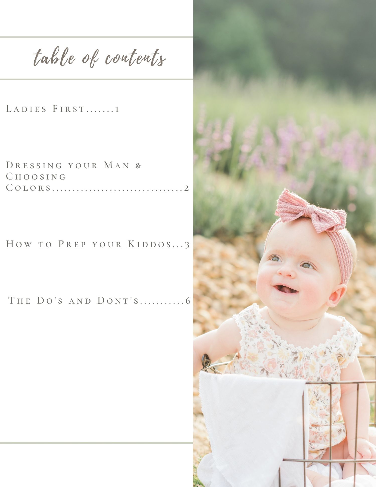 A style guide table of contents page featuring a smiling baby girl in a floral outfit outdoors.