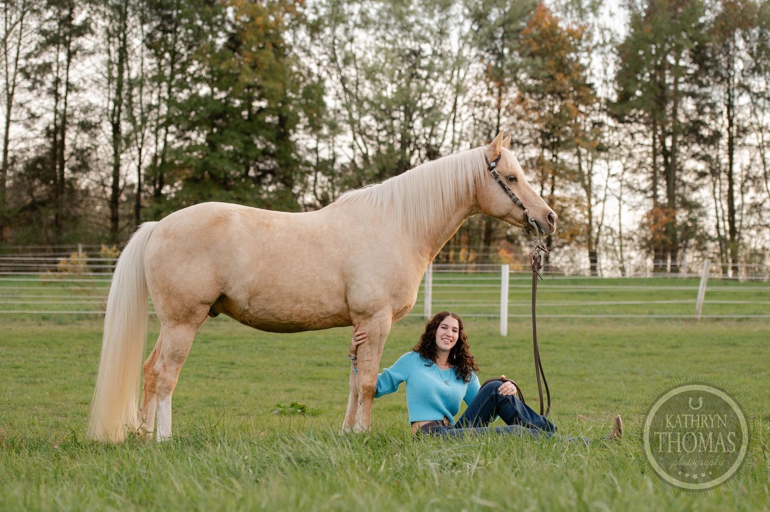 A palomino horse with flowing mane stands beside someone sitting in the grass at sunset.