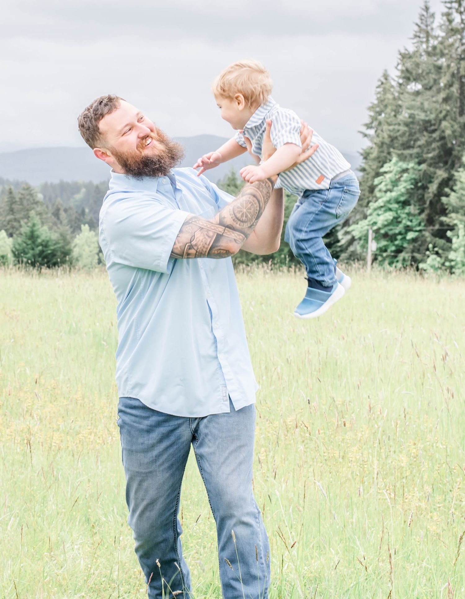 Series of candid shots showing adult lifting child up playfully in outdoor meadow setting.