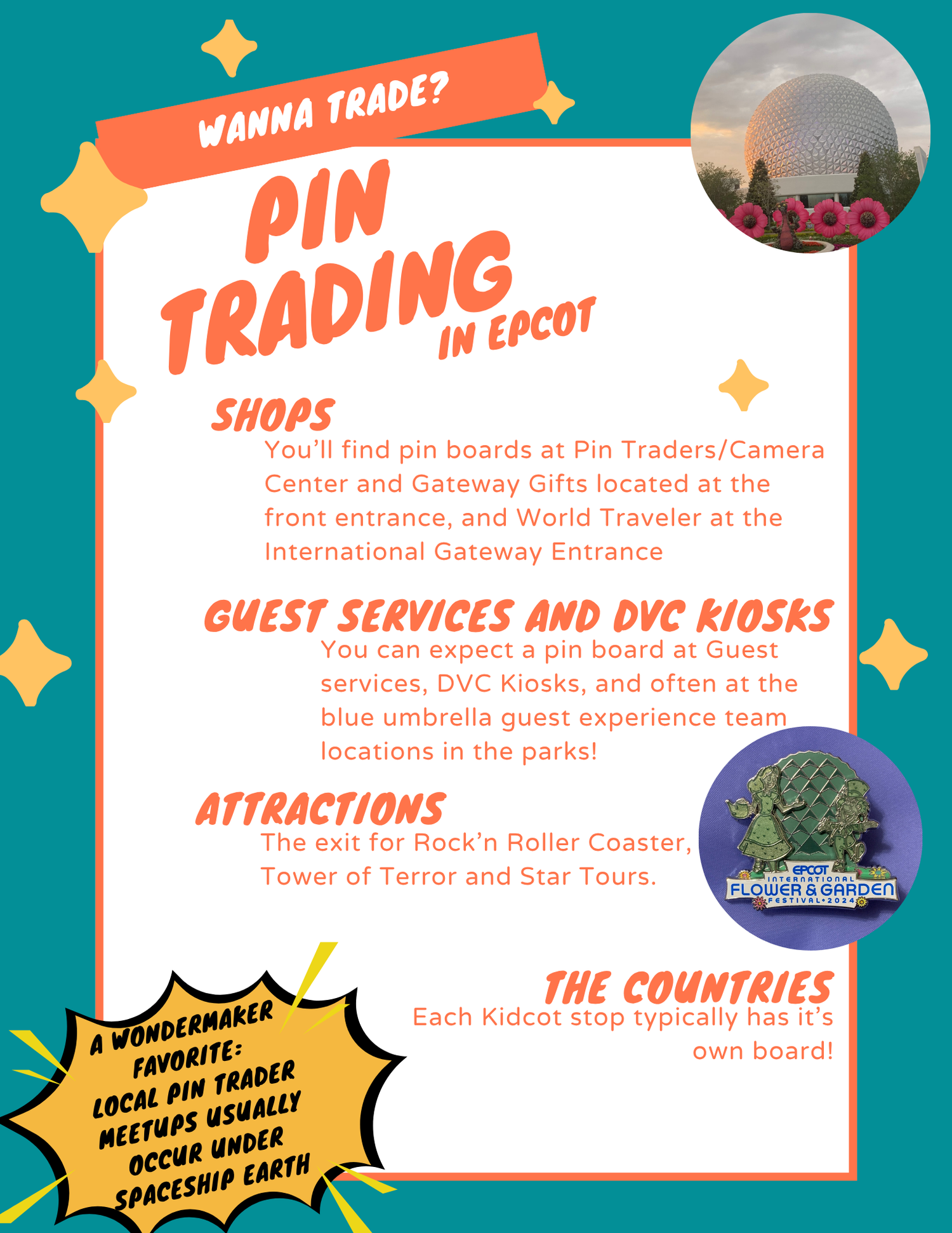 Guide showing pin trading locations at Epcot with park landmarks and attraction icons.