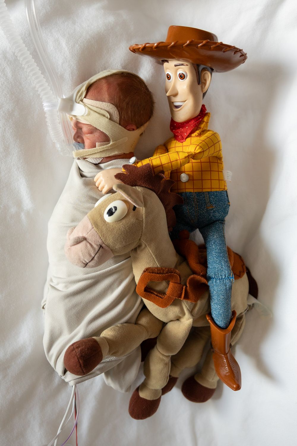 Newborn baby swaddled in white beside Woody and Bullseye Toy Story plush dolls on a white hospital bed.