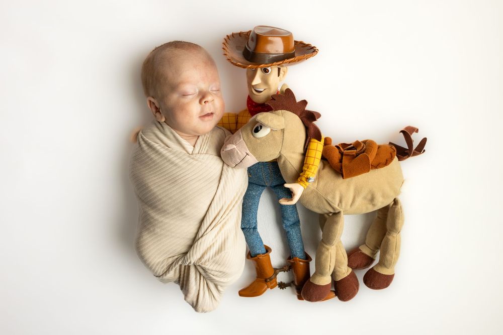 Sleeping newborn swaddled in cream wrap posed with Woody and Bullseye Toy Story plush dolls.