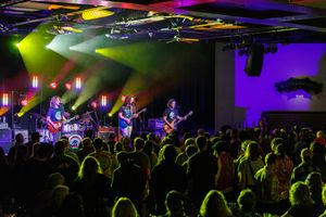 Concert crowd watching a band perform on stage with colorful green and purple lighting effects illuminating the venue.