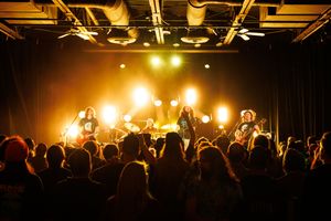 Energetic concert crowd silhouettes watching musicians perform on brightly lit stage with golden spotlights.