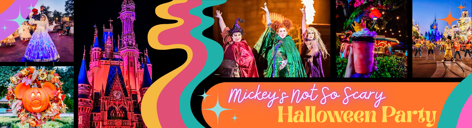 Collage of spooky Halloween party scenes at Disney park with purple and orange color scheme.