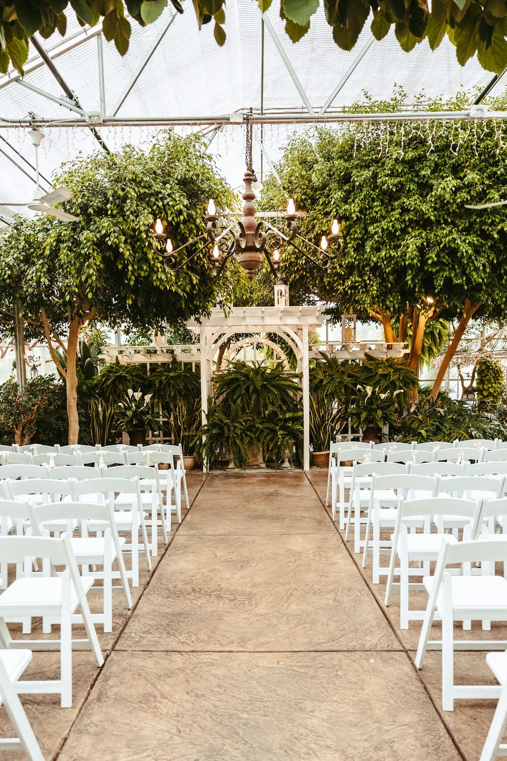 An indoor wedding ceremony setup in a greenhouse with white chairs and a decorative white arch flanked by lush greenery.