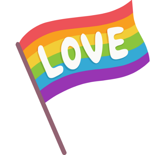 Rainbow pride flags with the word LOVE written in white text on colorful stripes.