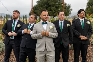 Groom in gray suit stands with four groomsmen in black suits with green ties at vineyard wedding.