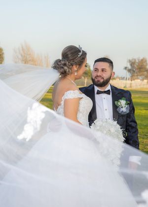 Bride in flowing white ball gown with veil billowing faces groom in navy tuxedo on green lawn.