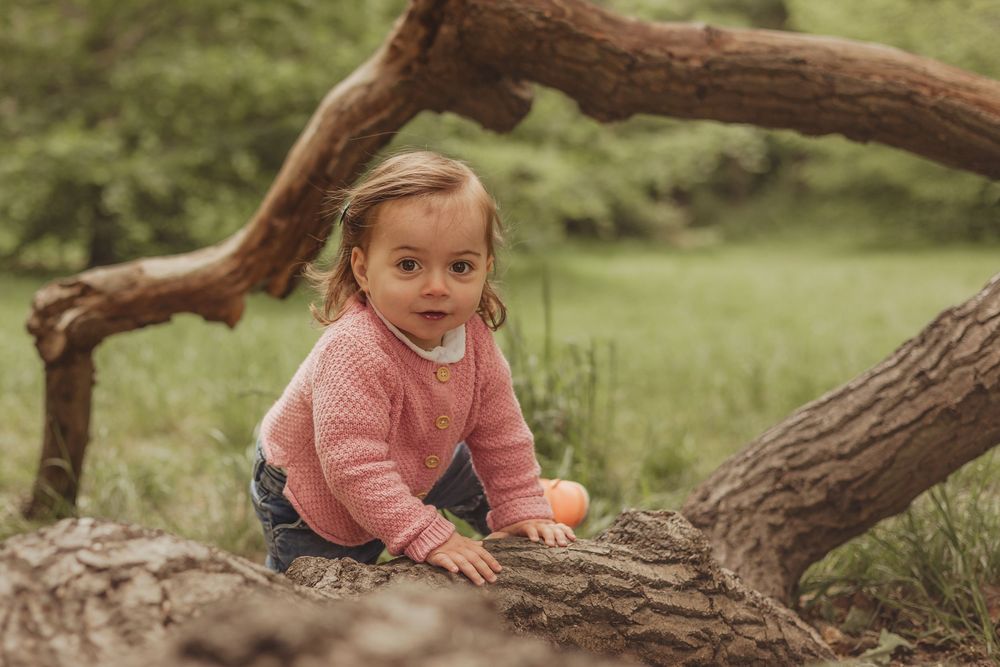 toddler in pink jumper playing hide and seek by a tree on tooting common