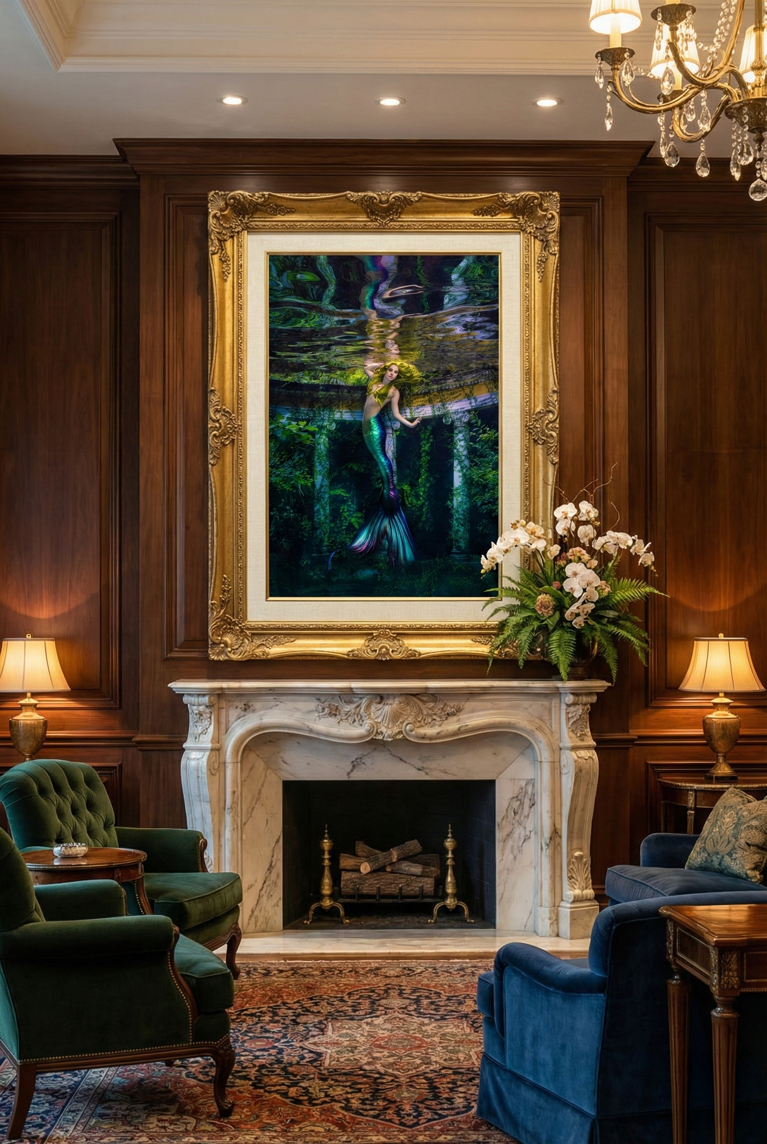Elegant living room with dark wood paneling, ornate marble fireplace, blue velvet chairs and framed landscape artwork.