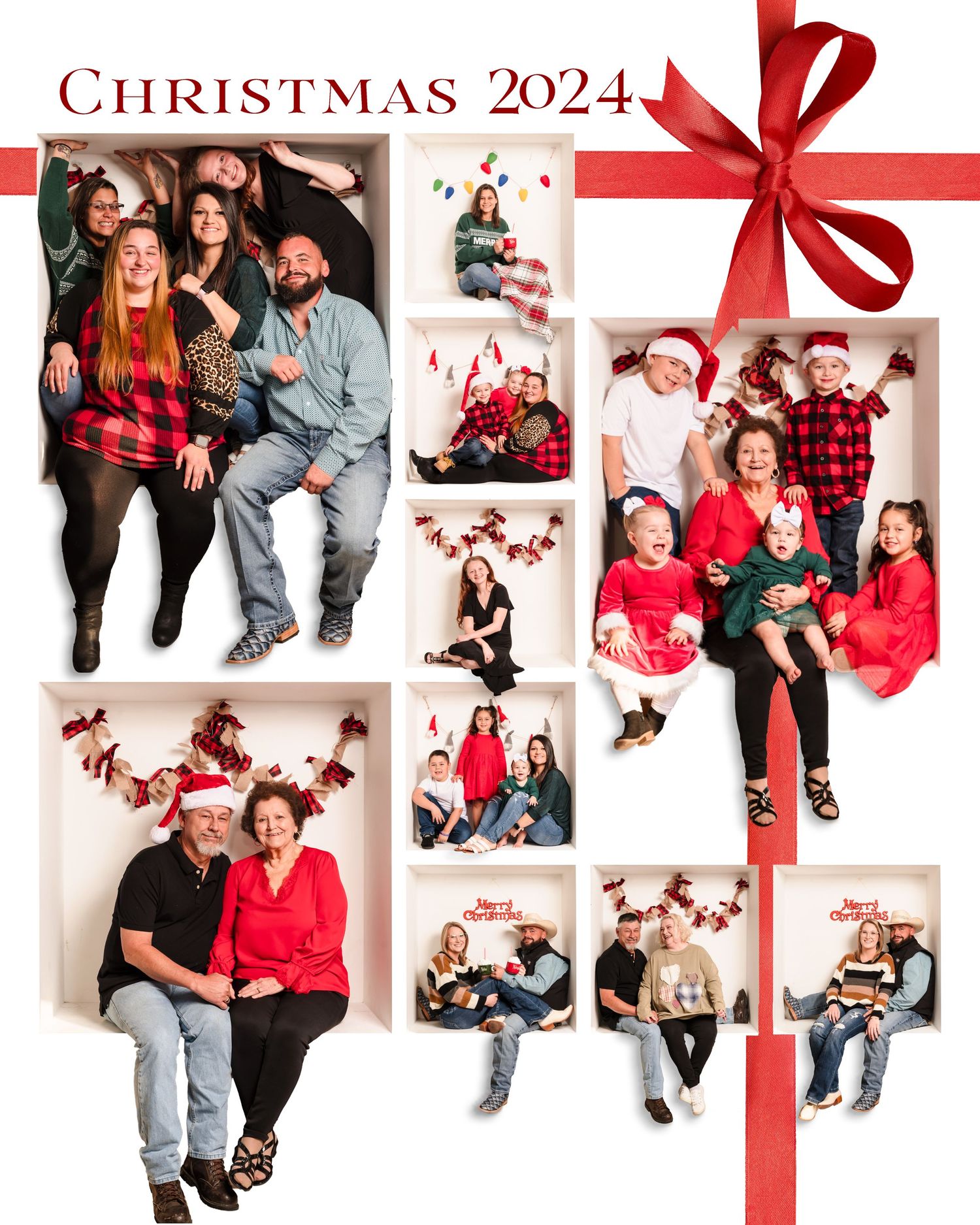 A festive Christmas photo collage with red bows and multiple family portraits in coordinating red and black outfits.