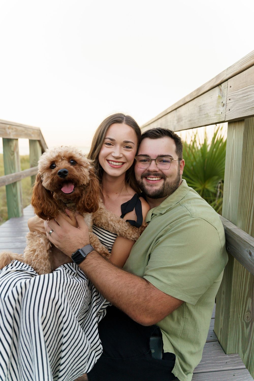 Three candid photos show a happy couple with their small brown dog on a wooden boardwalk.