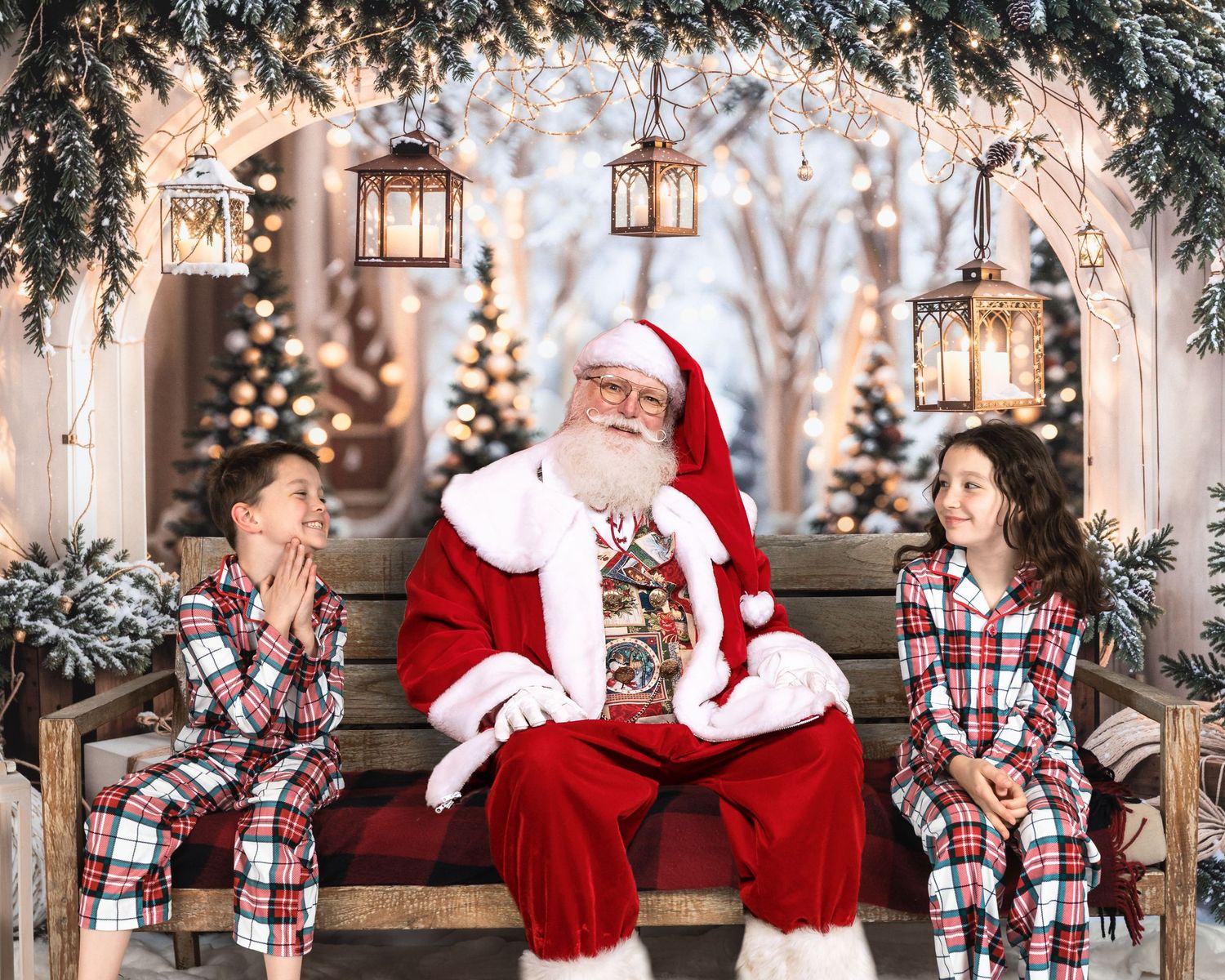 A festive holiday scene with Santa Claus and two children in matching plaid outfits sitting on a bench with lanterns and lights.