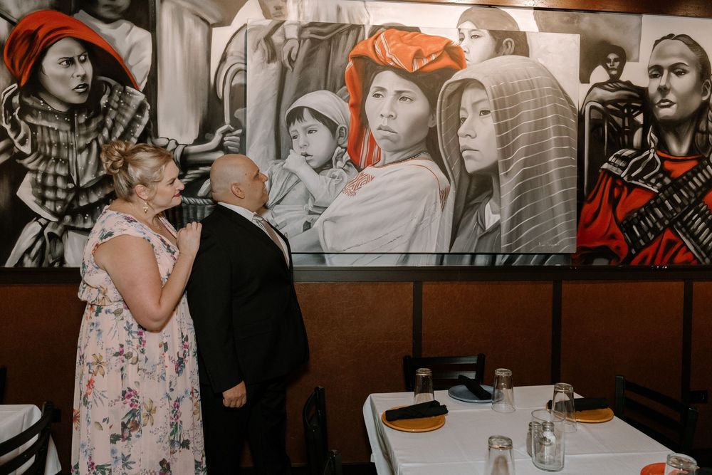 A series of black and white and color photographs arranged in a horizontal strip showing wedding moments and celebrations.