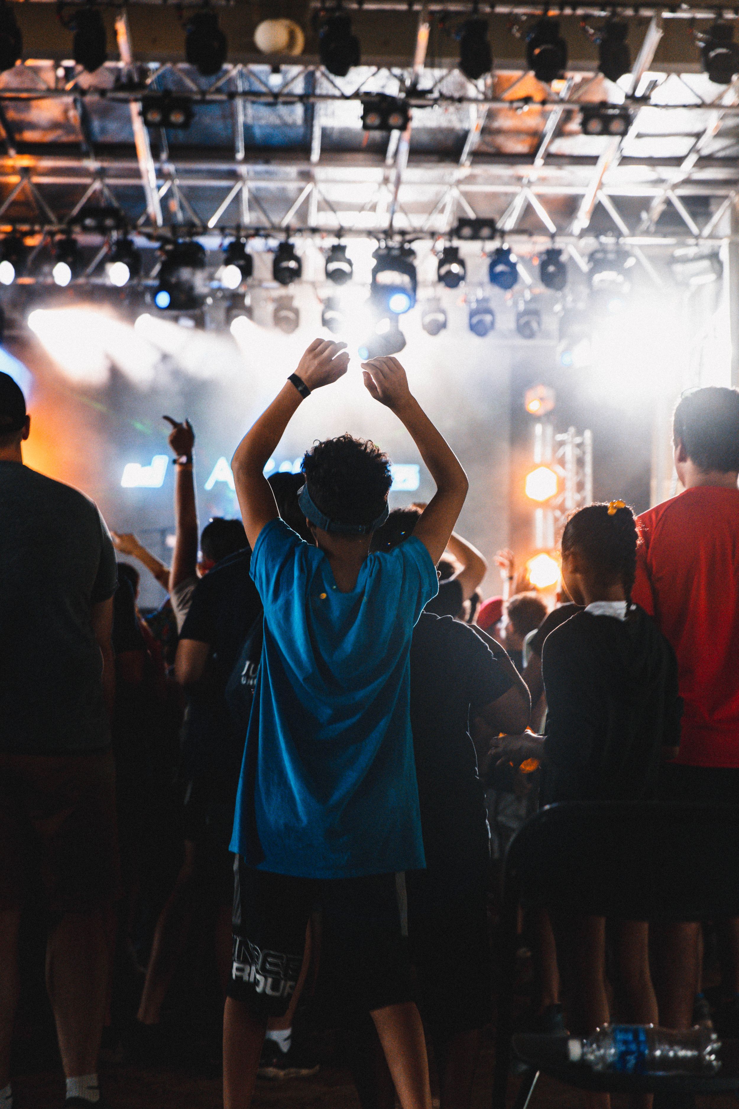 Concert crowd silhouettes with raised hands against bright stage lighting.
