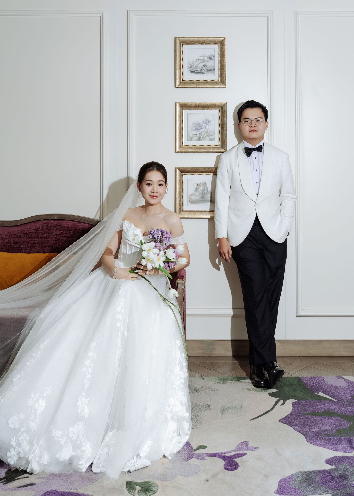 Elegant prewedding couple posing inside Saigon Central Post Office – classic and timeless