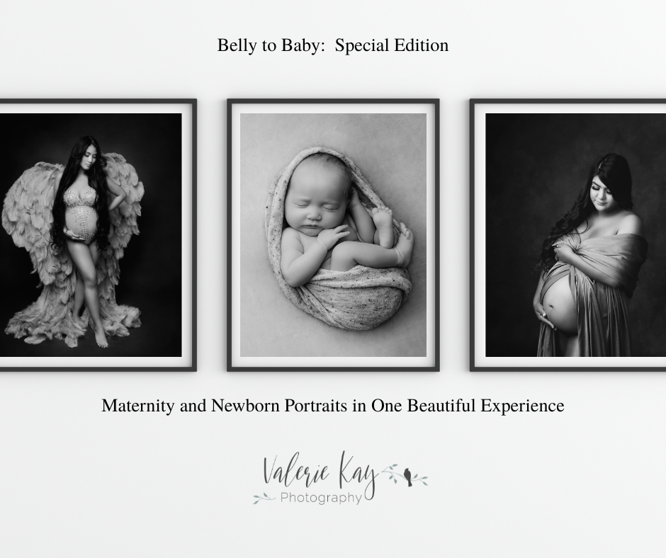 maternity and newborn collage featuring black and white images of pregnant women posed with bare belly, one wearing angel wings.  Newborn