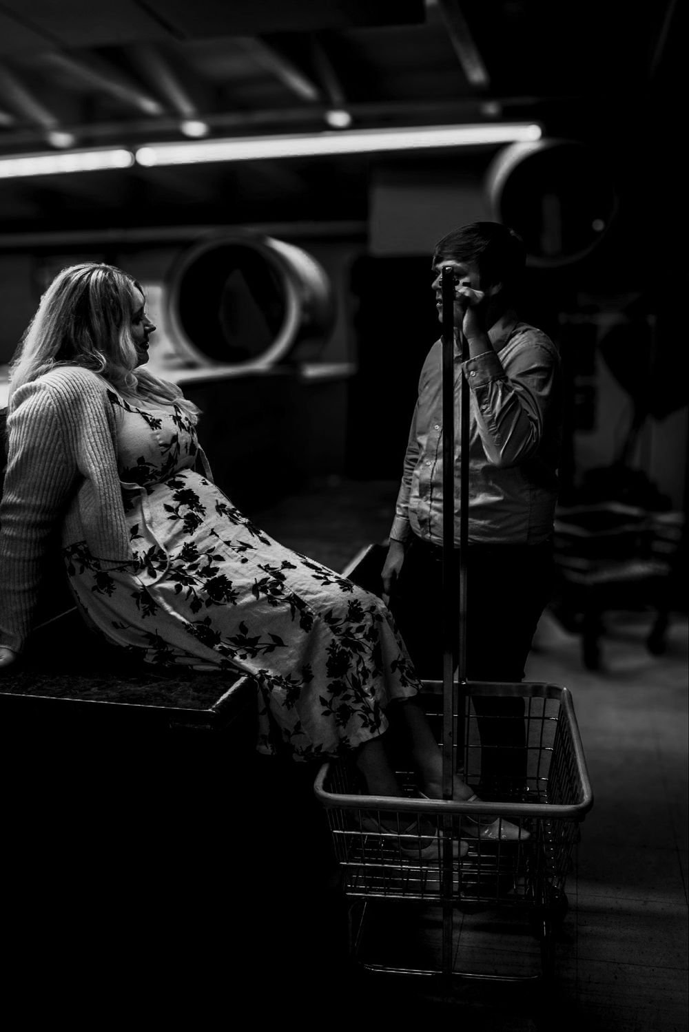 Couple at Laundry Mat, Cinematic Photography, Black and White