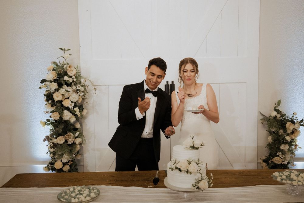 A collection of elegant wedding photos showing couples in formal attire with white floral decorations against light backgrounds.