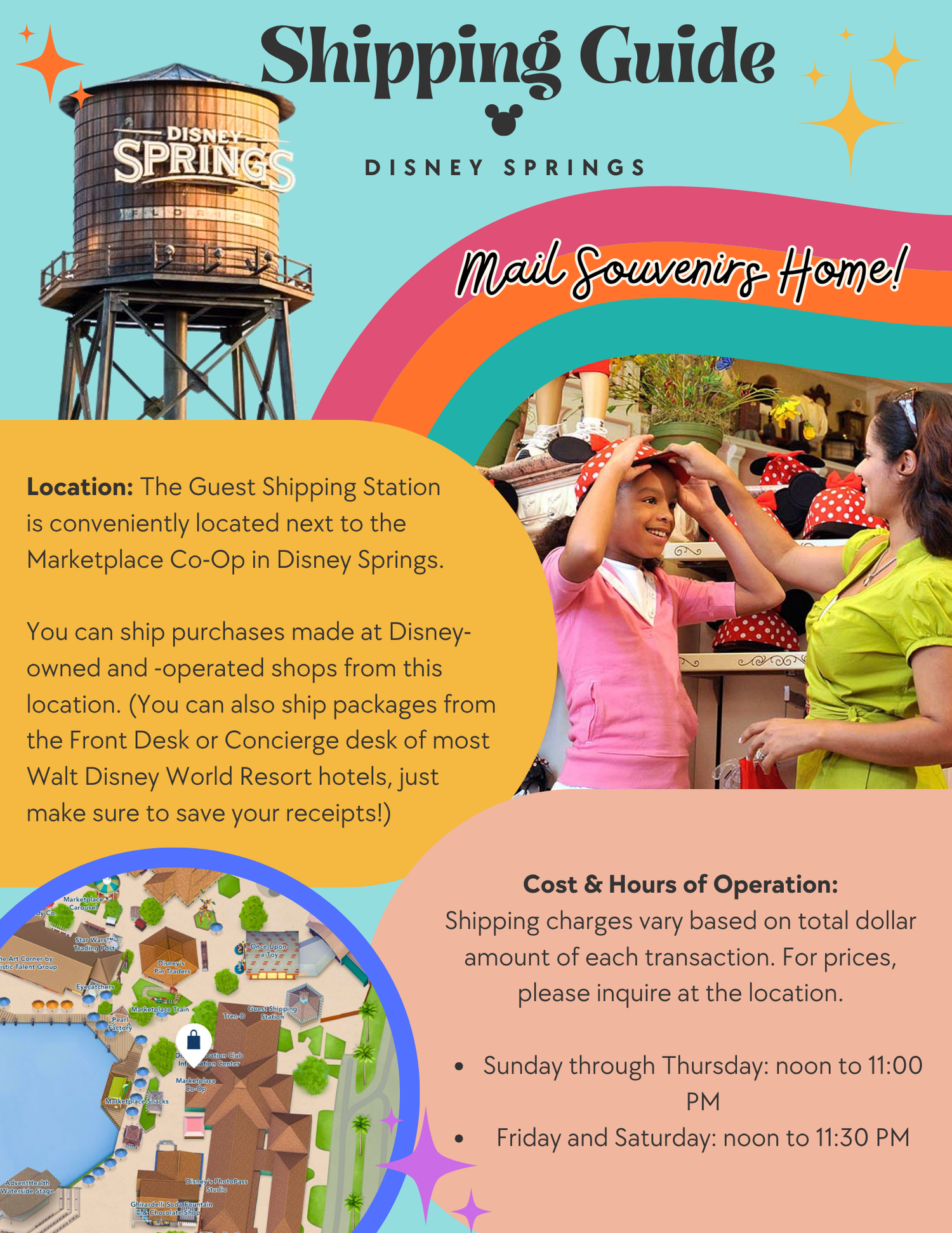 Shipping guide for Disney Springs featuring the water tower and guest shipping station information.