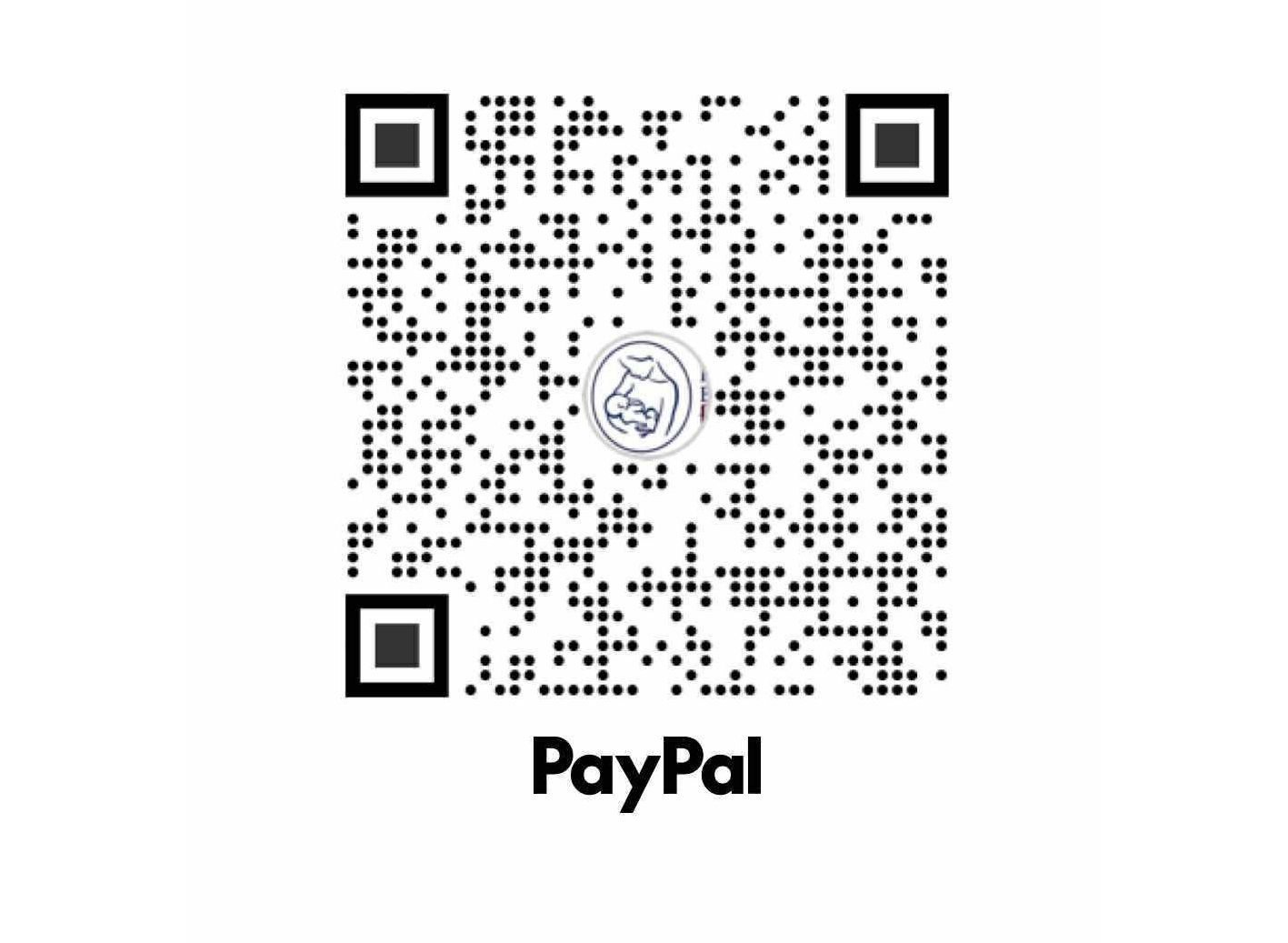 A black and white QR code with the PayPal logo beneath it displayed on a white background.