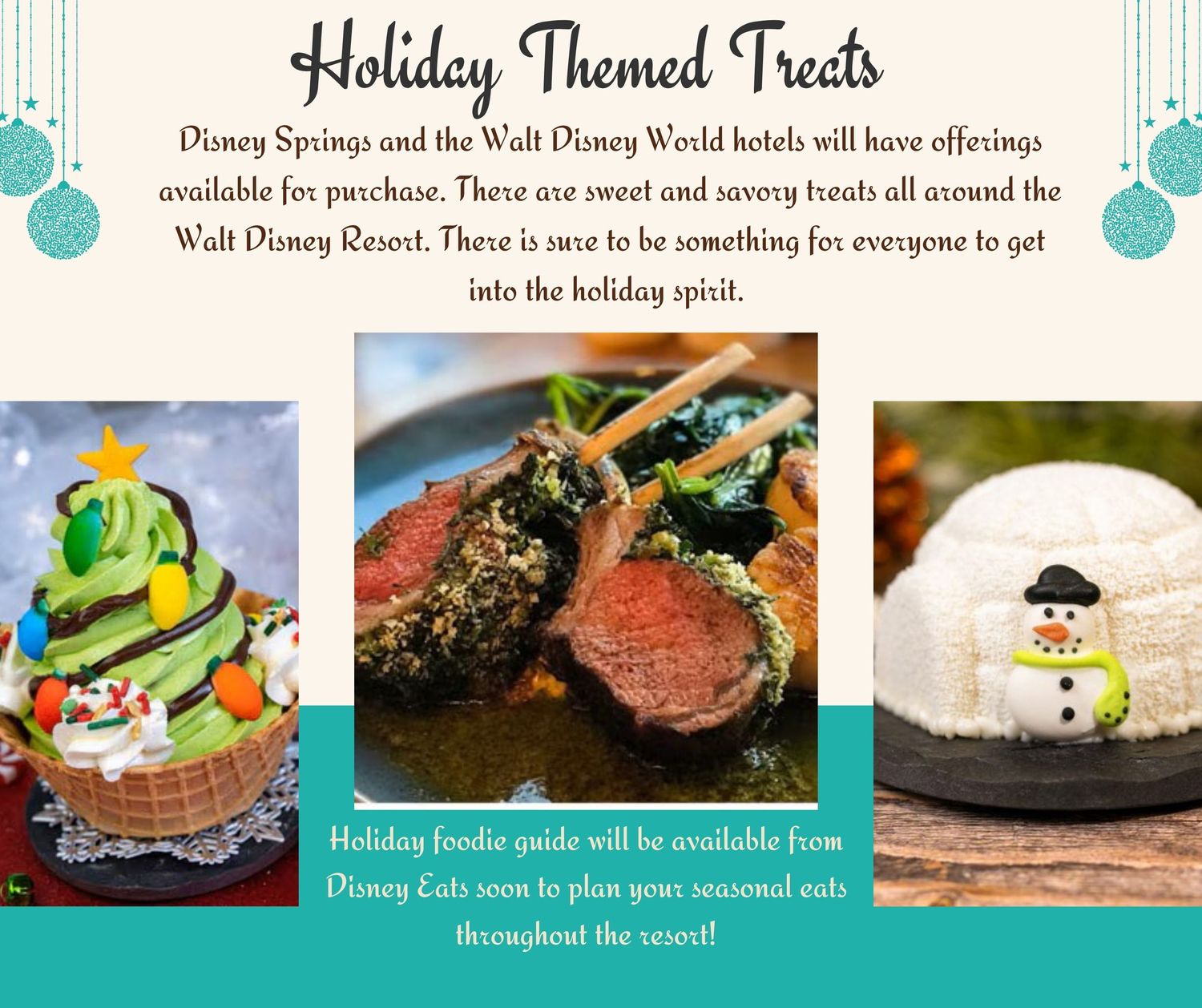 Collage of holiday themed treats at Disney World resorts including festive desserts and gourmet entrees.