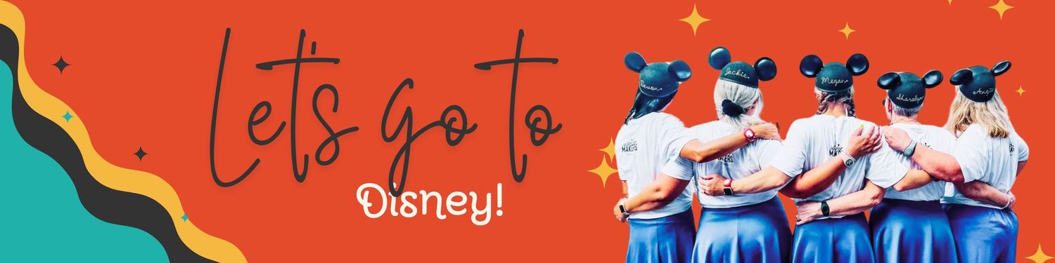 A group of people wearing matching blue and white uniforms stand together against a red and teal background with Disney text.