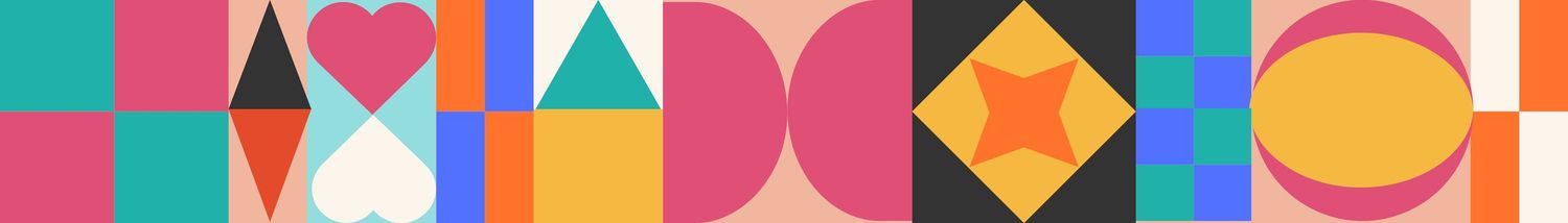 Colorful geometric pattern design featuring hearts, circles and triangles in pastel shades.