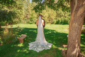 A bride in a lace wedding gown with a long train stands in a sunlit garden setting with green trees and grass.