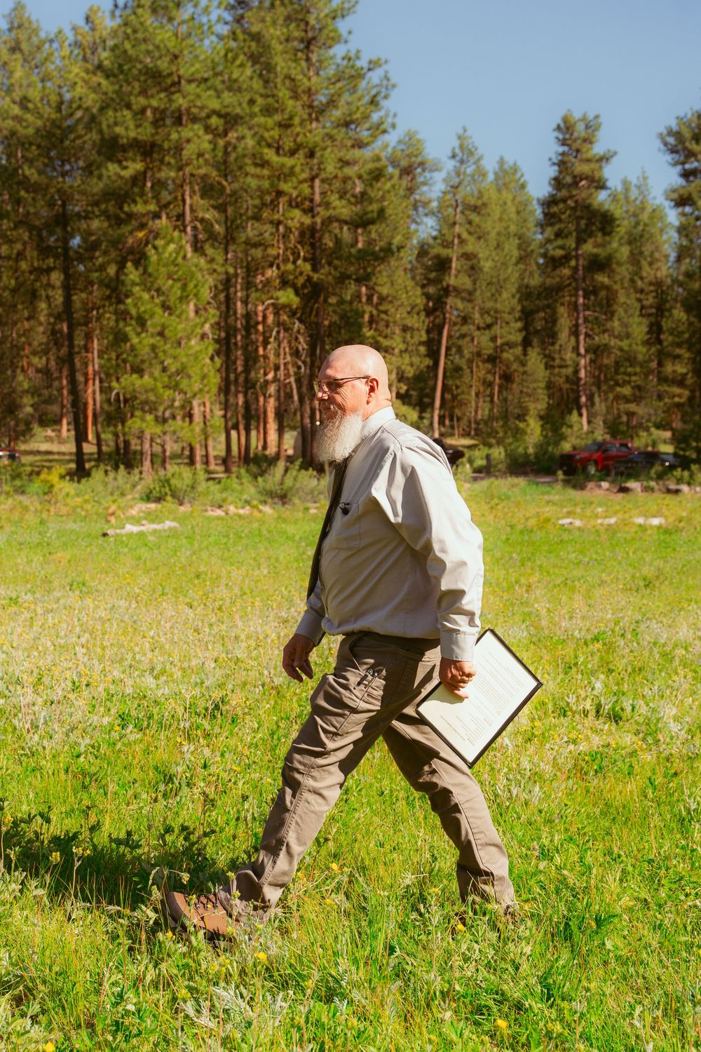 Person in formal attire playfully jumping and dancing in a sunny meadow with pine trees in background.