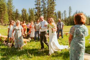 Wedding party celebrates in a sun-dappled meadow surrounded by tall pine trees on a beautiful summer day.