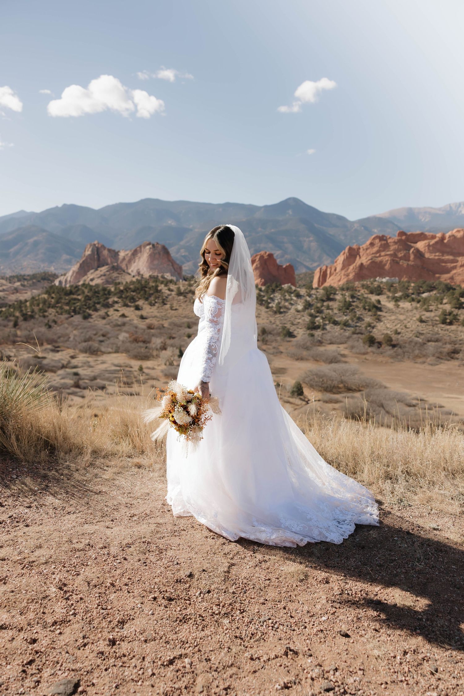 A bride in a flowing white wedding dress stands against a backdrop of red rock formations and mountains in a desert landscape.
