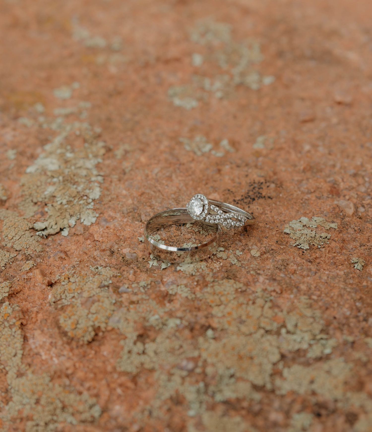 Wedding rings with diamond details rest on a textured terracotta-colored surface with lichen patches.