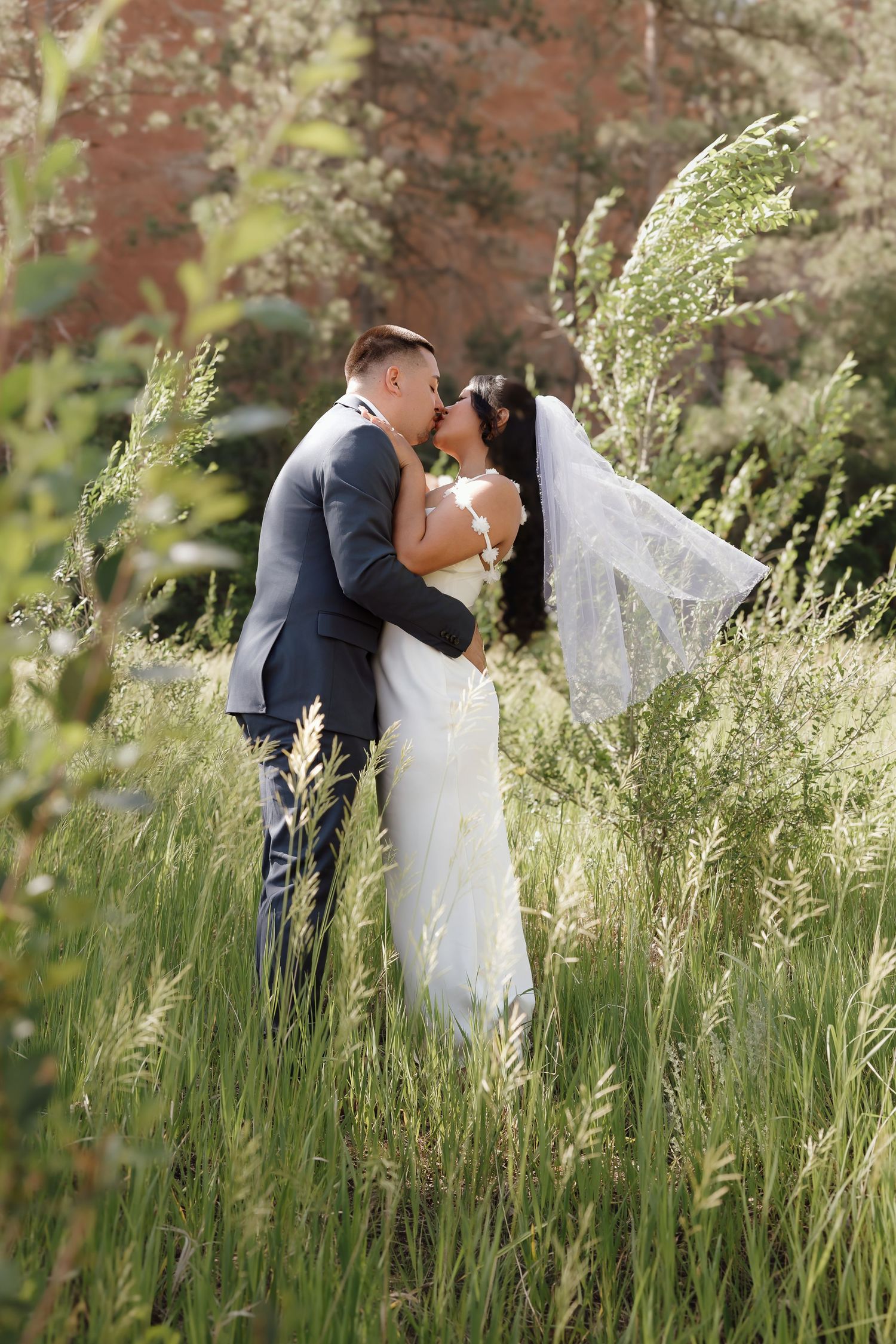 Newlywed couple shares romantic moments among tall grass and sunlit meadow in wedding attire.