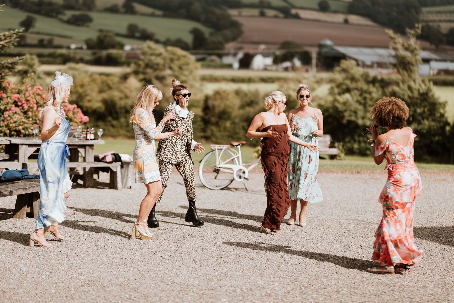 Wedding guests celebrating and dancing outdoors on a sunny day at a scenic countryside venue.