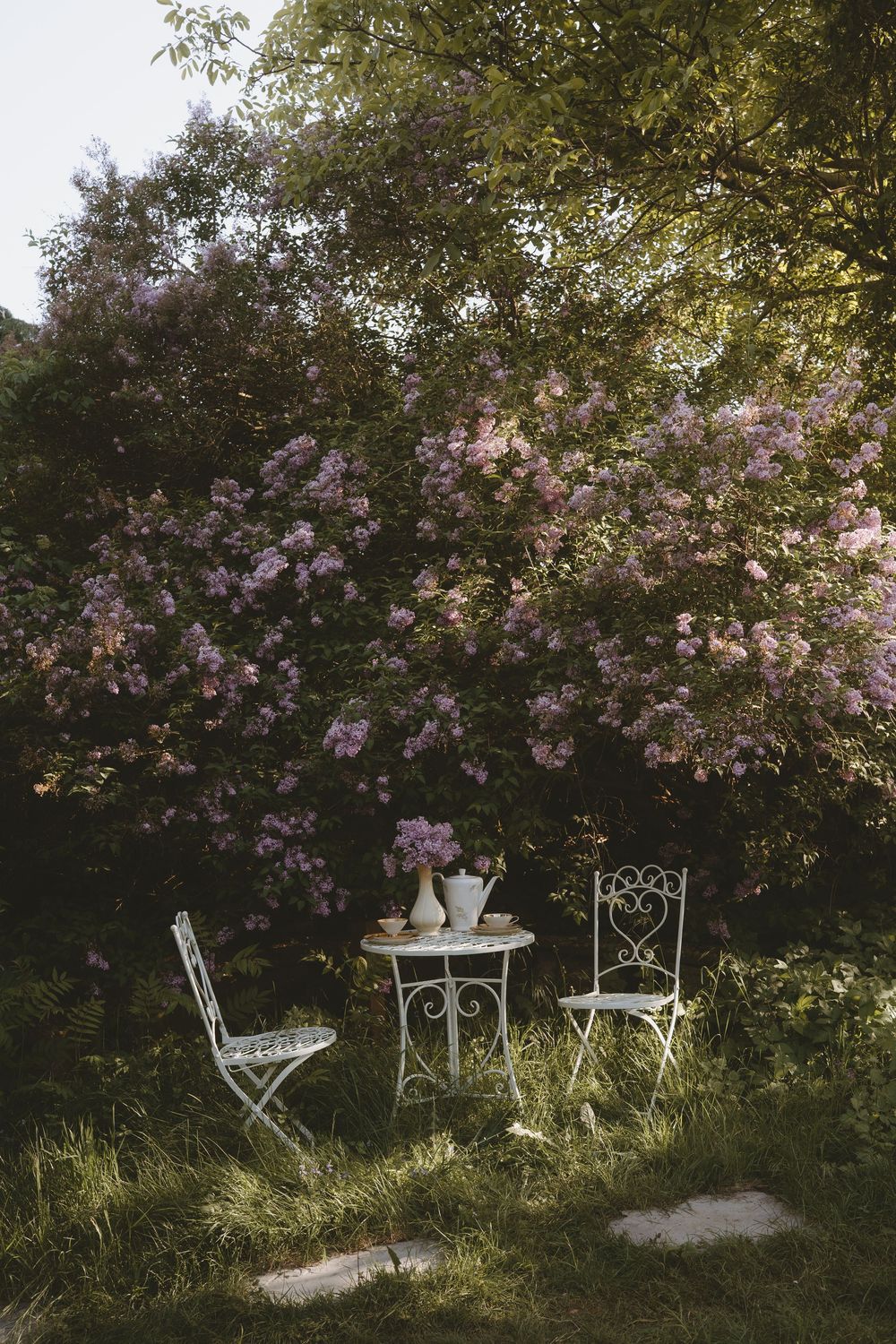 A romantic outdoor garden setting with white vintage metal chairs and table beneath blooming pink blossoms.
