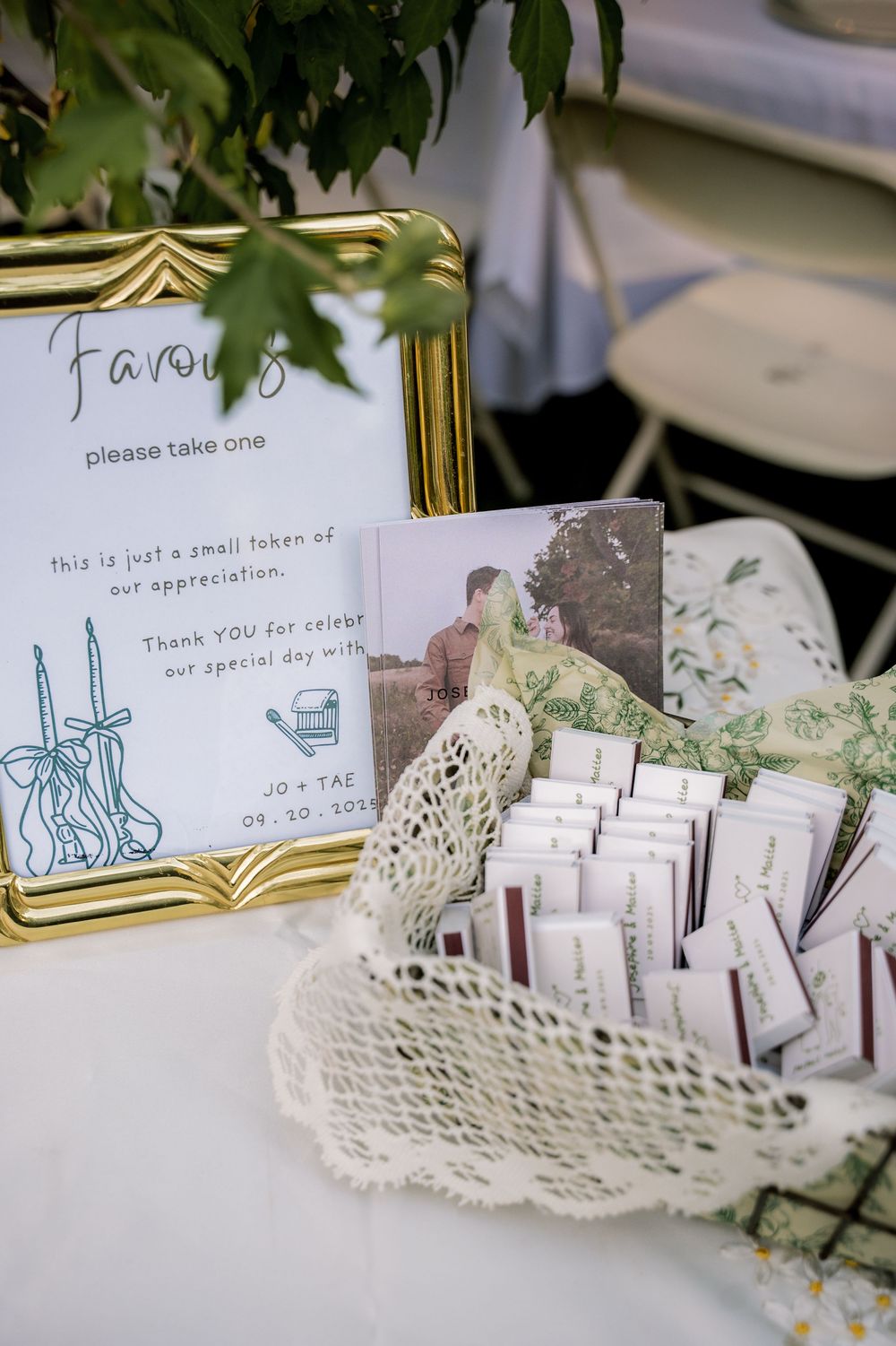 Wedding favor display with framed sign and small gift cards arranged in delicate lace basket on white tablecloth.