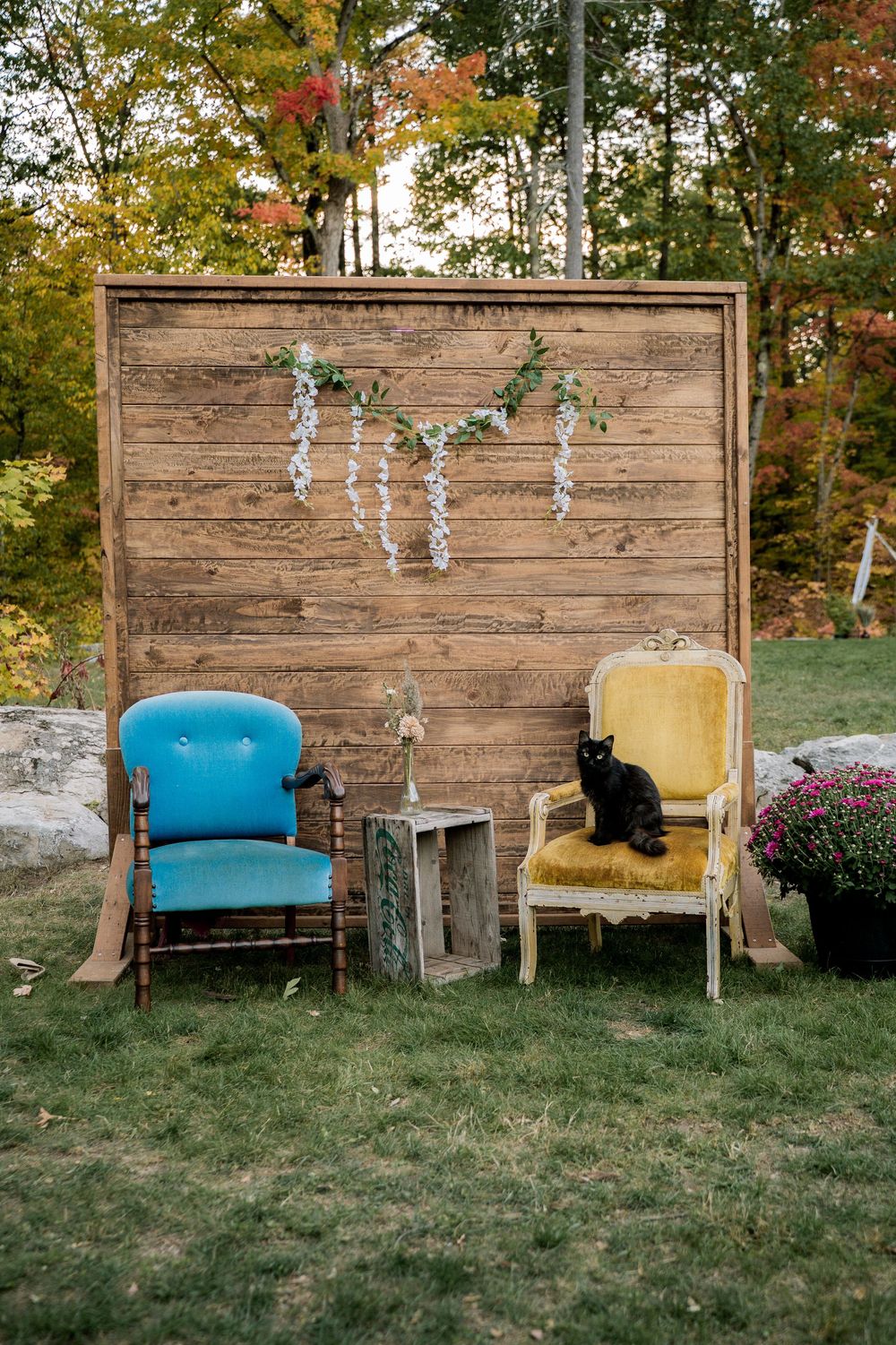 Rustic wooden backdrop with vintage chairs in turquoise and yellow creating an outdoor seating arrangement.