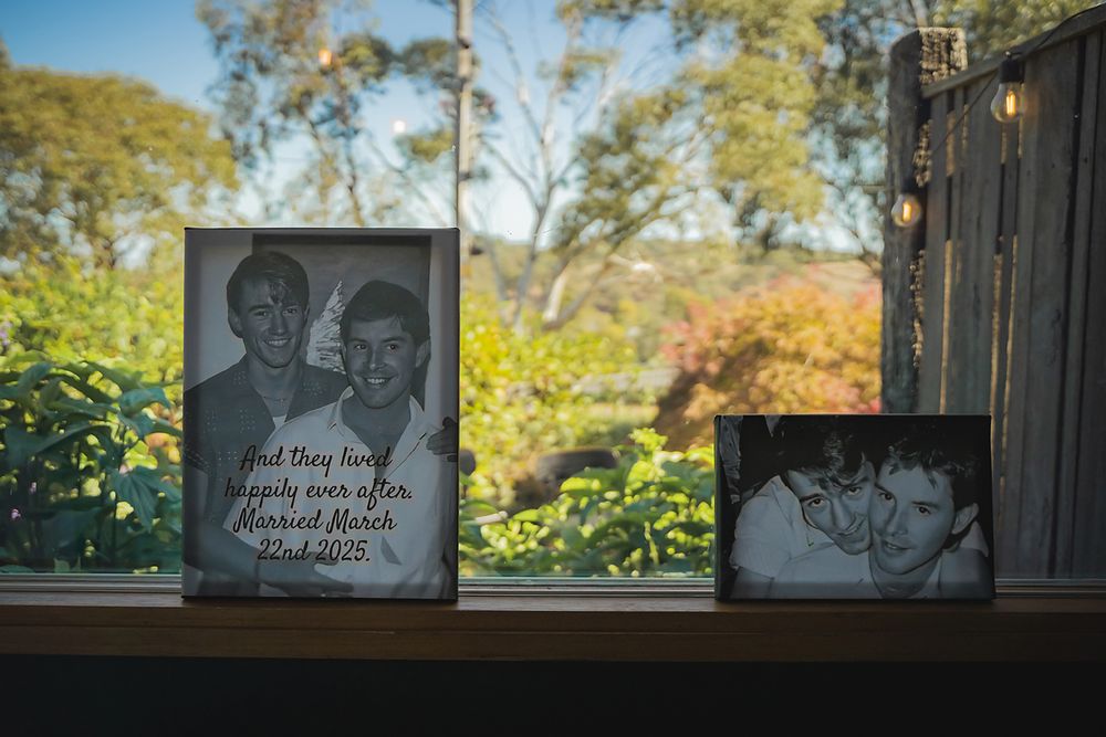 A series of framed photographs displayed on a rustic wooden wall in natural outdoor lighting.