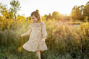 A golden sunset illuminates a field of tall grass and wildflowers on a warm autumn evening.