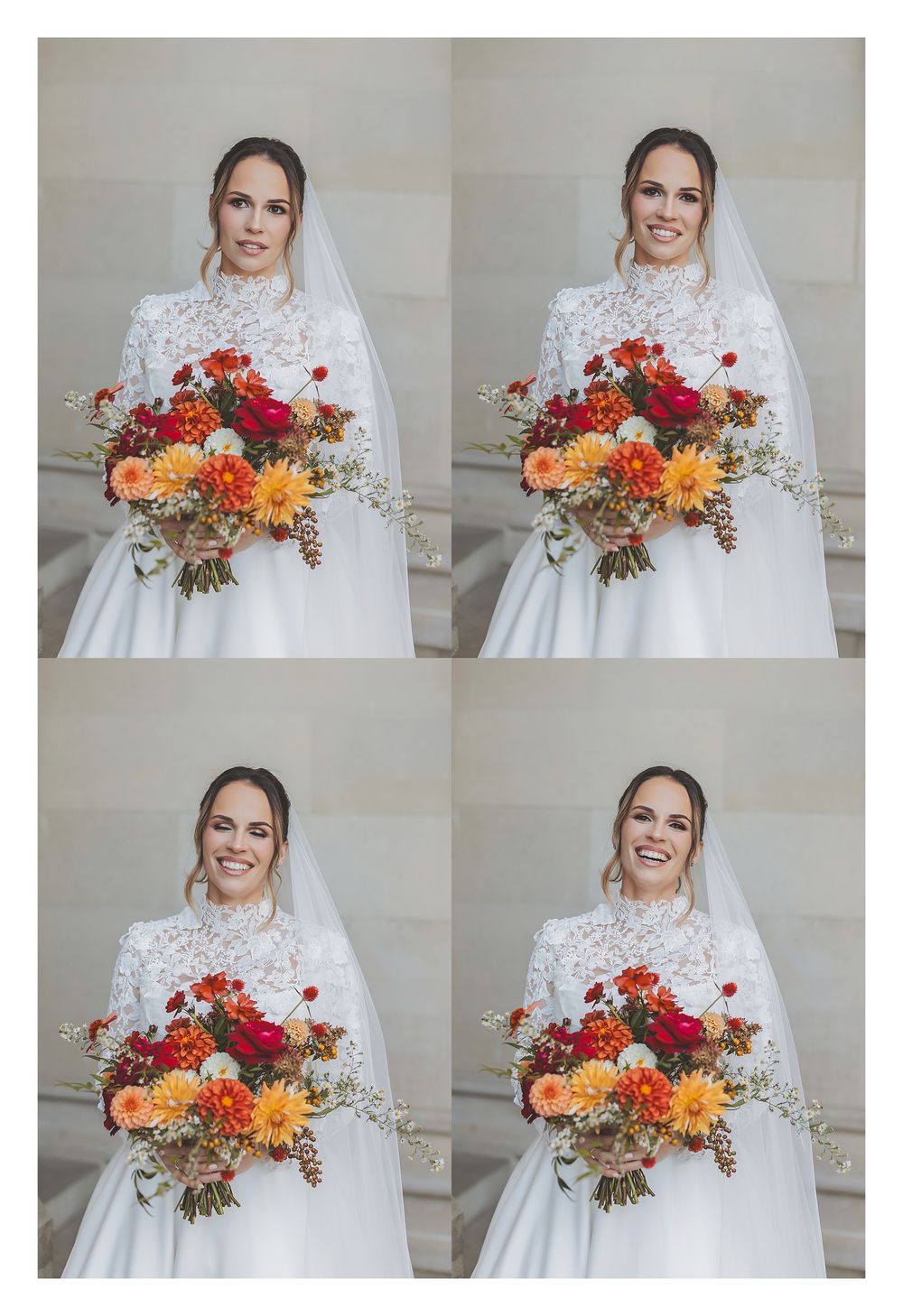 A bride in a white dress holds a vibrant autumn bouquet with red and orange flowers against a light background.
