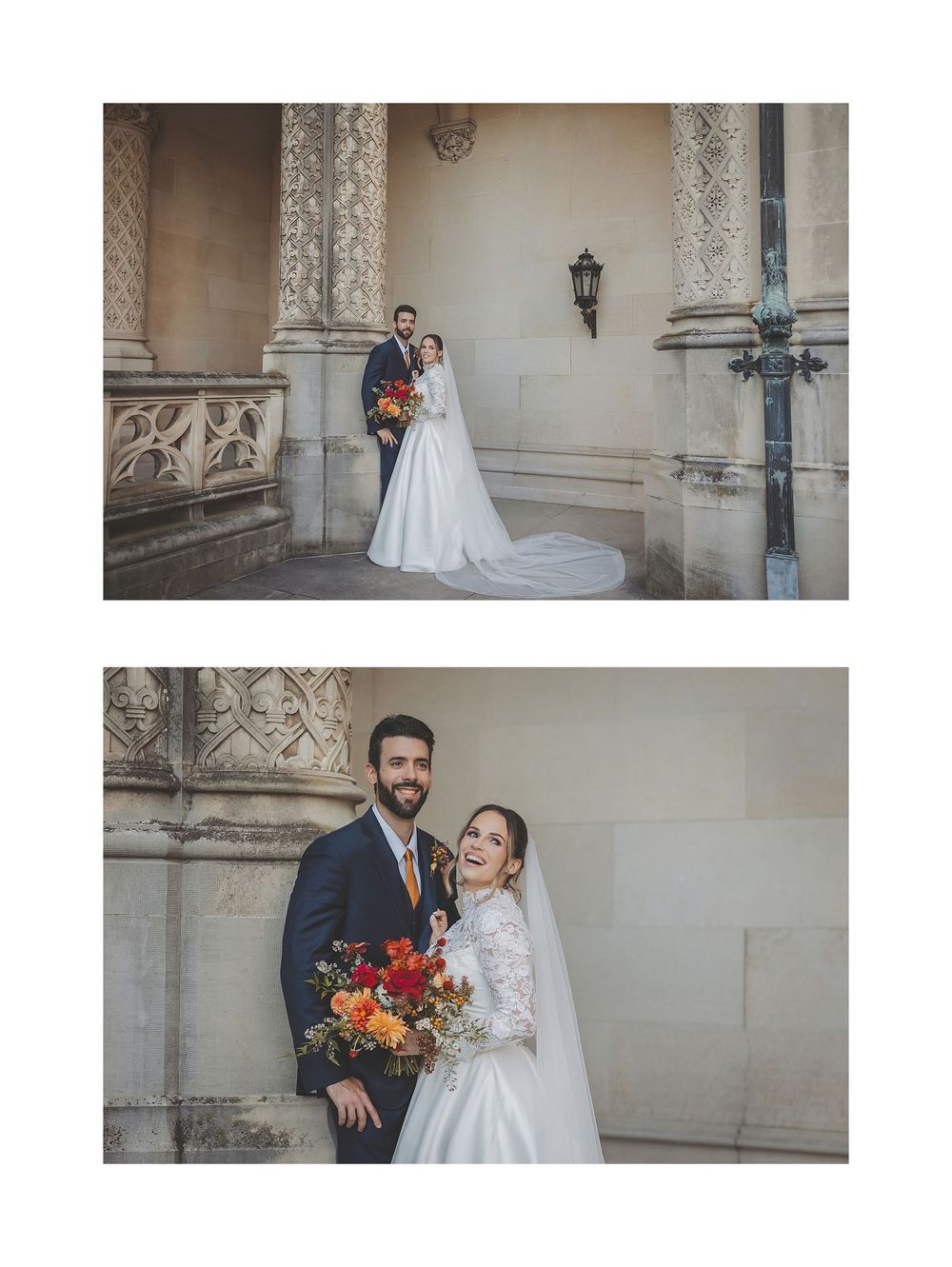 A wedding couple poses in an ornate stone archway with elegant architectural details and autumn floral bouquet.