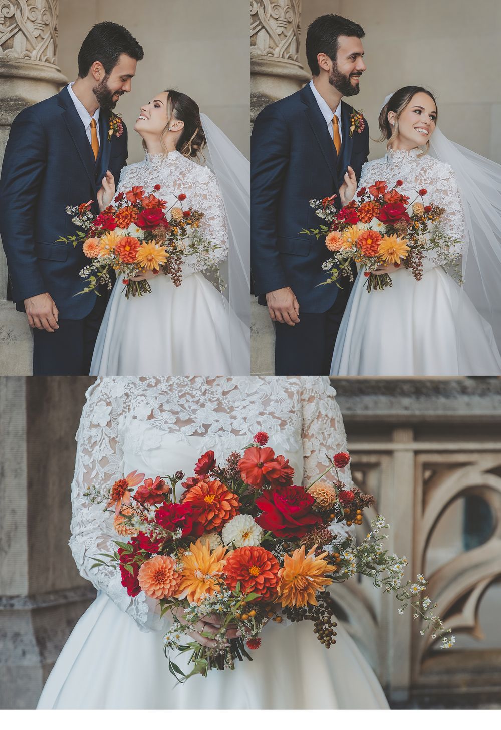 A wedding couple poses with a vibrant autumn bouquet featuring red and orange flowers against a stone building.