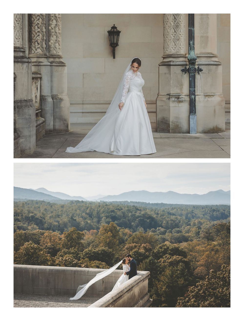 A bride in a flowing white gown poses gracefully against ornate stone architecture and scenic mountain landscapes.